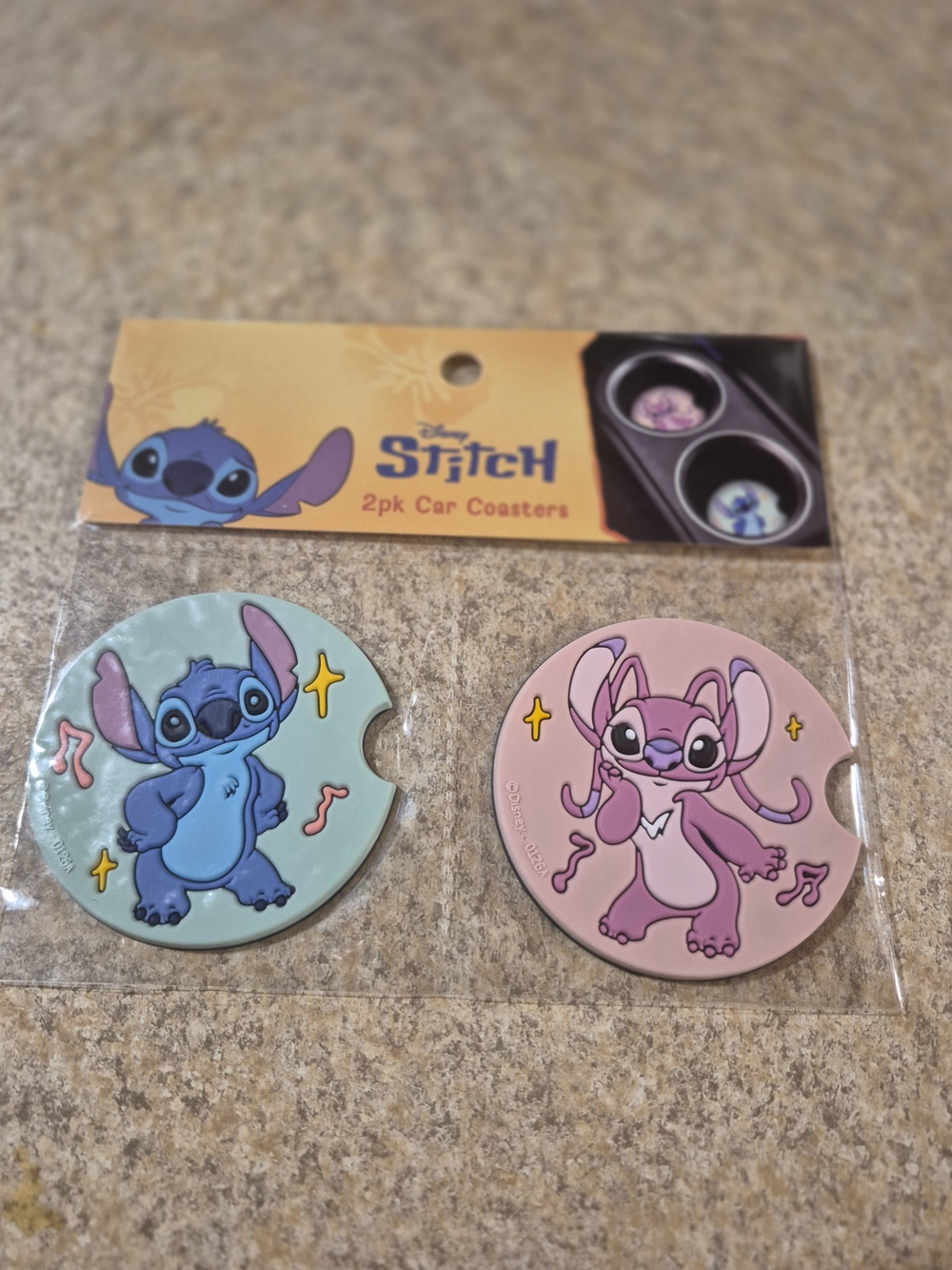 Disney Stitch & Angel Car Coaster Duo - Blue & Pink Brand New In Plastic